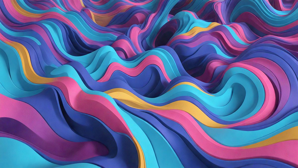 The primary subject of the image is a colorful, abstract design featuring a mix of blue, pink, yellow, and orange colors. The setting is a three-dimensional surface, possibly a sculpture or a piece of art. The visual style appears to be a combination of digital art and illustration, creating a vibrant and dynamic appearance. The colors and mood of the image are lively and energetic, with the various shades of blue, pink, yellow, and orange creating a sense of movement and dynamism