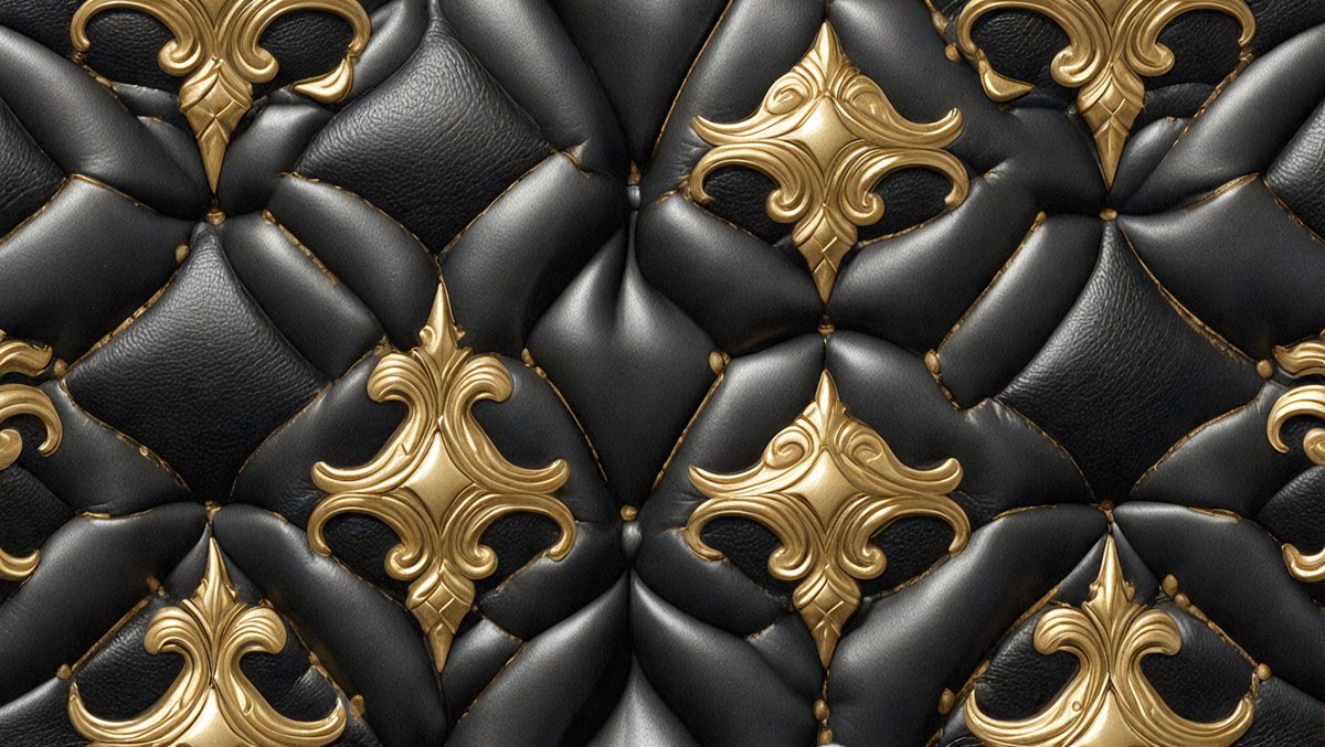 The primary subject of the image is a black and gold patterned fabric. The setting is a close-up of the fabric, showcasing its intricate design. The visual style is a combination of digital art and illustration, creating a unique and eye-catching pattern. The dominant colors are black and gold, giving the fabric a luxurious and elegant appearance.