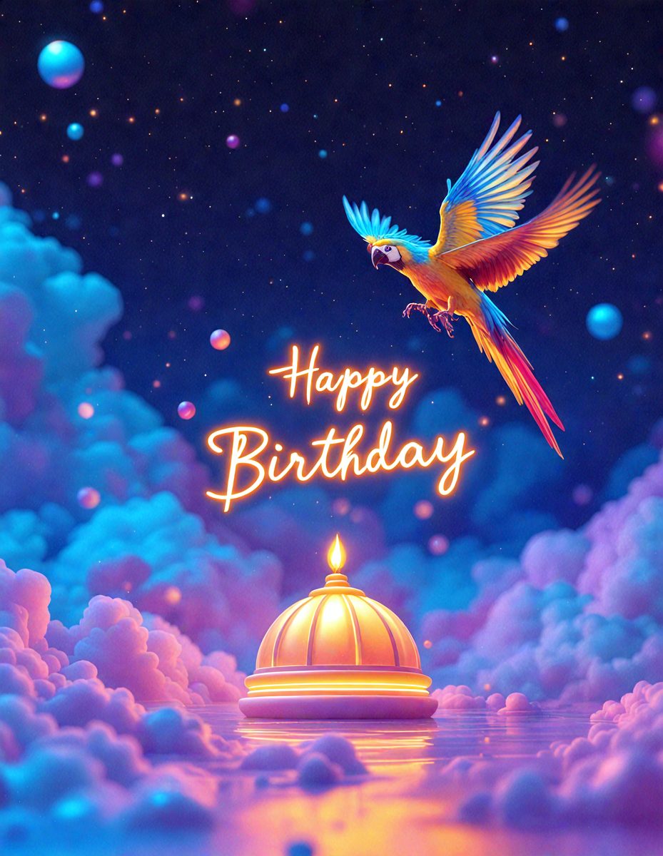 The primary subject of the image is a colorful bird, specifically a parrot, flying through a cloudy sky. The bird is positioned in the upper part of the scene, with its wings spread wide. The setting is a cloudy sky, which serves as the backdrop for the bird's flight. The visual style of the image is digital art, as it is a well-crafted and detailed illustration. The colors in the image are predominantly blue and pink, creating a serene and dreamy atmosphere.