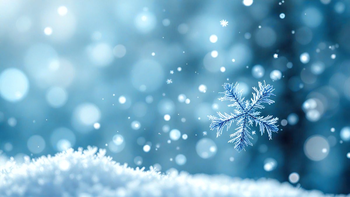 The primary subject of the image is a single snowflake, which is the main object, scene, or focus of the image. The setting/background features a blue sky, which serves as the environment, backdrop, or surface visible in the image. The visual style of the image is a photo, as it captures the beauty of the snowflake in its natural environment. The colors and mood of the image are predominantly blue, which creates a serene and calming atmosphere.
