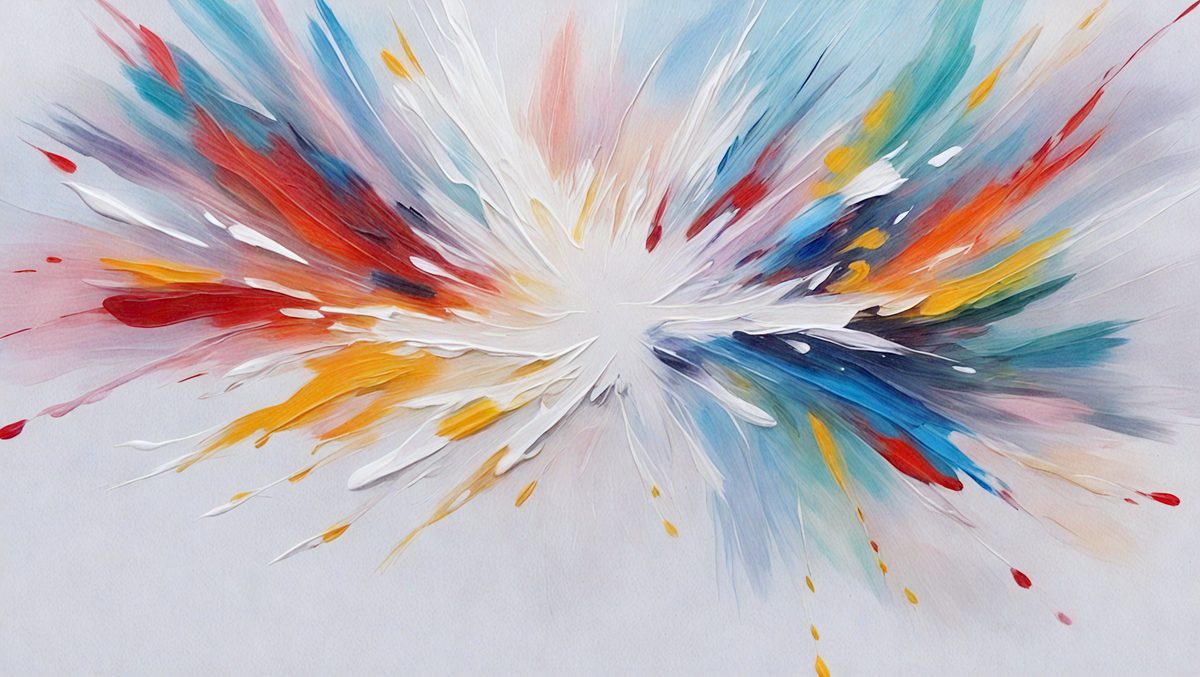The primary subject of the image is a painting of a colorful explosion. The setting is a white background, which provides a clean and uncluttered appearance. The visual style is a combination of digital art and illustration, creating a vibrant and dynamic scene. The colors and mood of the painting are predominantly bright and energetic, with a focus on the vivid hues of the explosion.