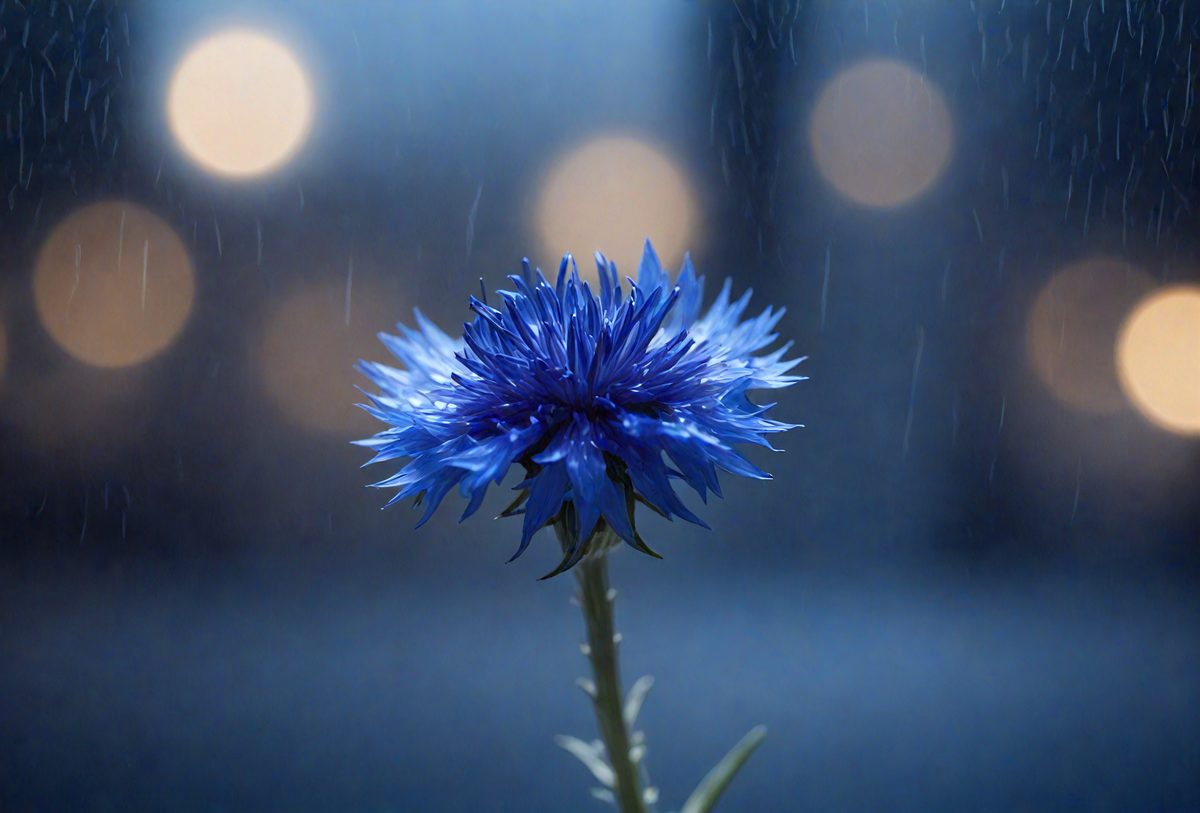 The primary subject of the image is a single blue flower, which is the main focus of the scene. The setting is a rainy night, with the flower standing out against the dark background. The visual style of the image is a photo, capturing the beauty of the flower in its natural environment. The dominant colors in the image are blue and green, creating a serene and calming atmosphere.