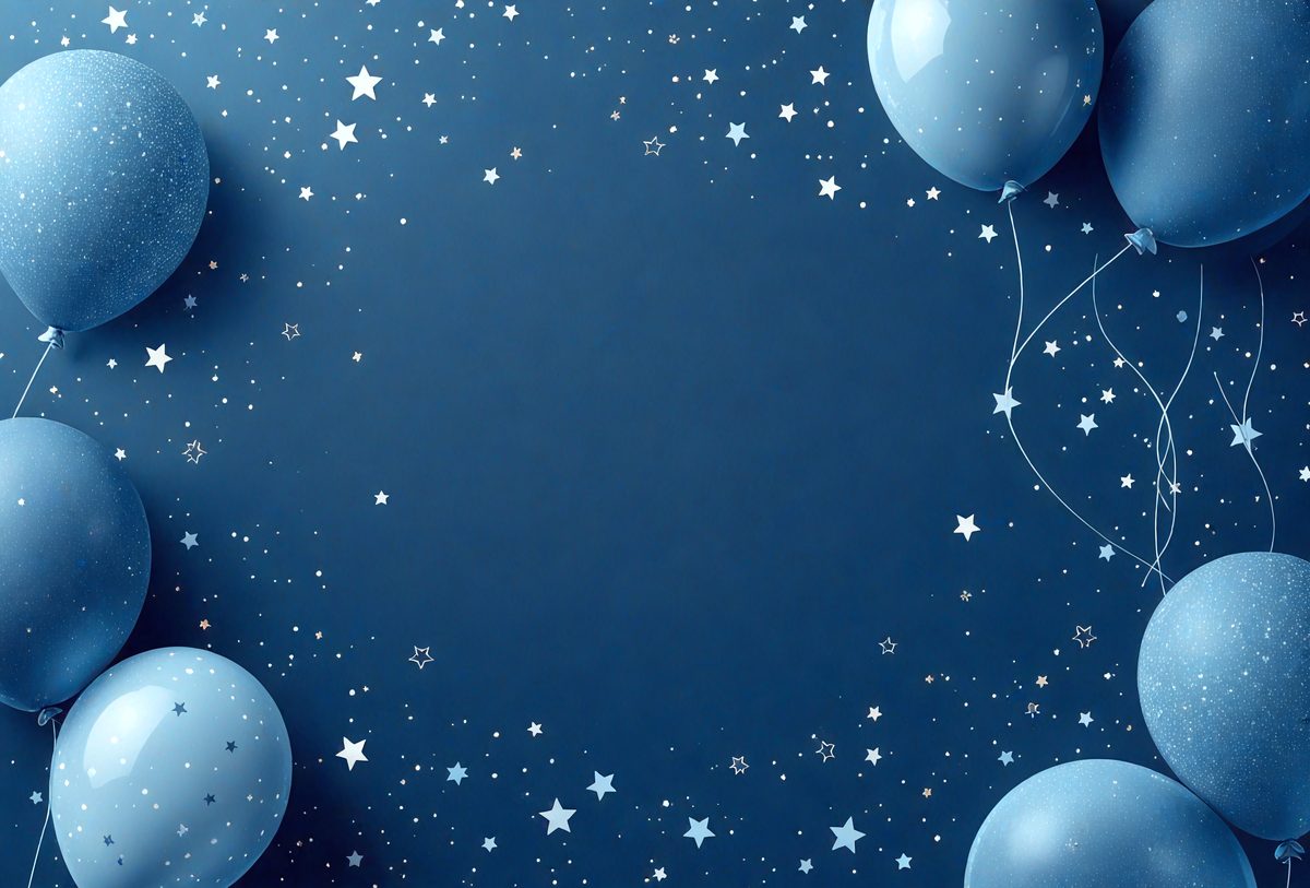 The primary subject of the image is a blue background with a starry night sky. The setting is a dark, star-filled night sky, which creates a serene and peaceful atmosphere. The visual style is a combination of a photo and digital art, as the background is a blue starry night sky, and the balloons are digitally placed on the background. The colors and mood of the image are predominantly blue, with the stars adding a touch of white and the night sky creating a sense of calmness and tran