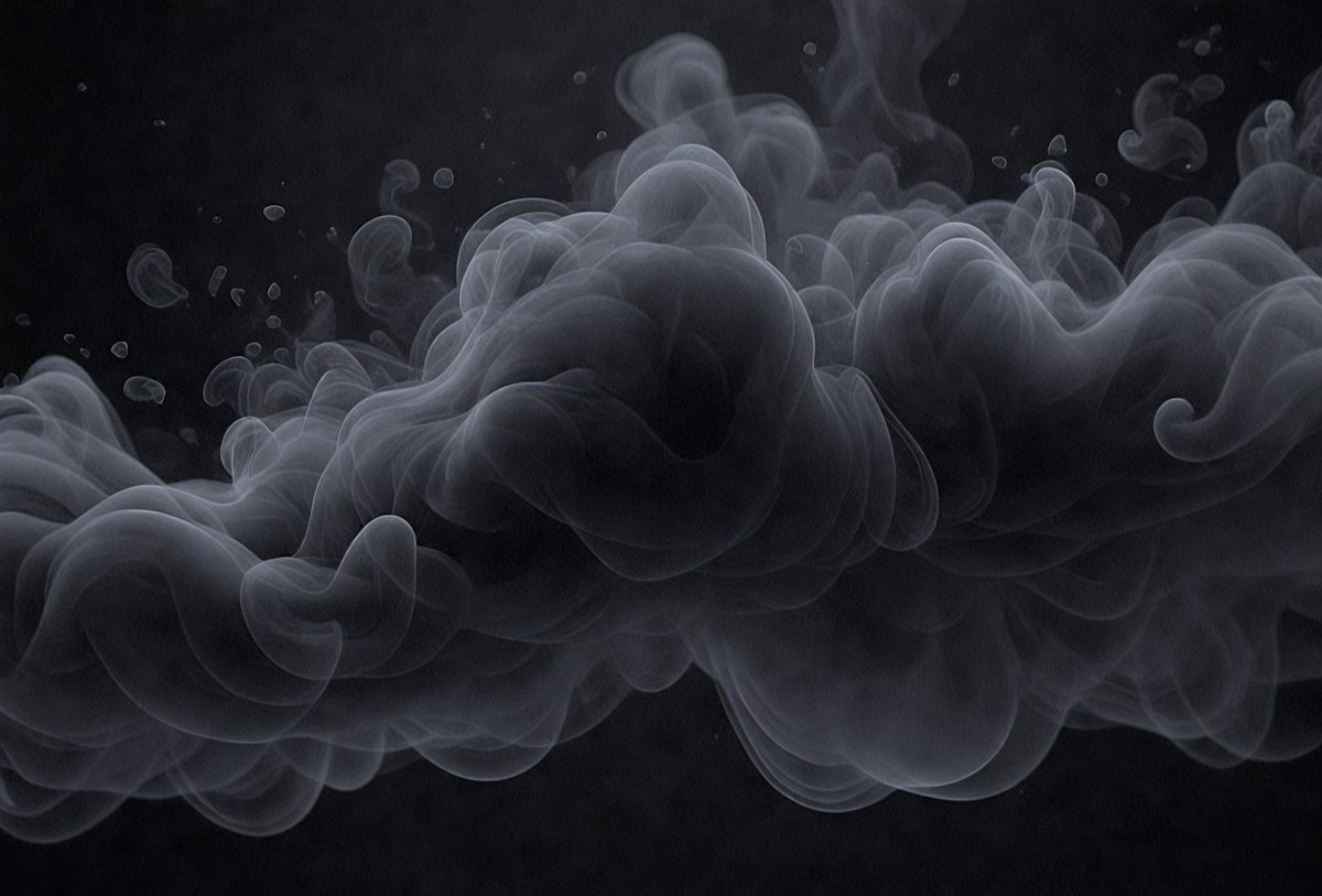 The primary subject of the image is a large, dark, and smoky cloud. The setting is a black background, which emphasizes the cloud's shape and texture. The visual style is a close-up of the cloud, showcasing its intricate structure. The colors and mood of the image are dark and moody, with the cloud's dense and ominous appearance.