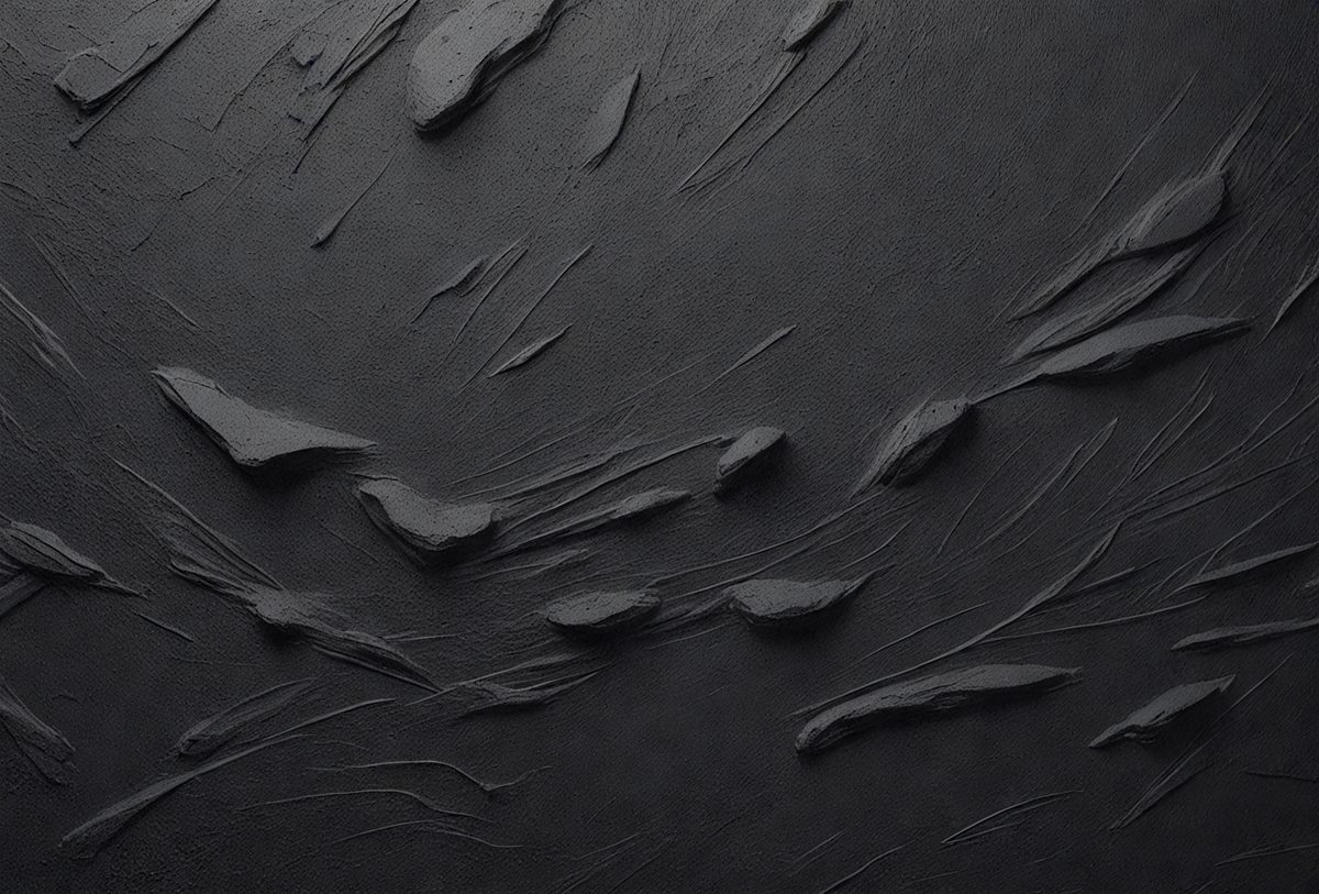 The primary subject of the image is a black surface with a pattern of white lines. The setting appears to be a dark room, and the visual style is a combination of a photo and a drawing. The dominant colors are black and white, creating a moody atmosphere.