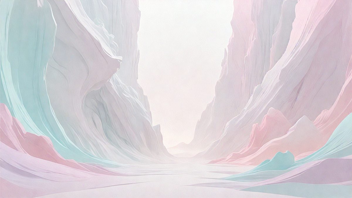The primary subject of the image is a large, colorful mountain range. The setting is a vast, open landscape with a sky background. The visual style is a combination of digital art and illustration, creating a vibrant and dynamic scene. The colors and mood are predominantly pink, blue, and white, giving the image a lively and cheerful atmosphere.