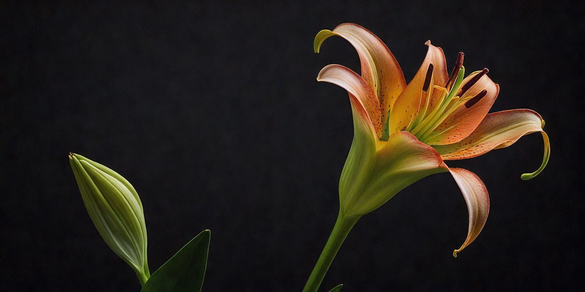 The primary subject of the image is a large, brightly colored flower, possibly an orange lily, with a green stem. The flower is prominently displayed in the foreground, with a dark background that contrasts with the vibrant colors of the flower. The visual style of the image is a close-up, which emphasizes the details of the flower and its stem. The colors and mood of the image are lively and cheerful, with the bright orange hues of the flower creating a sense of warmth and