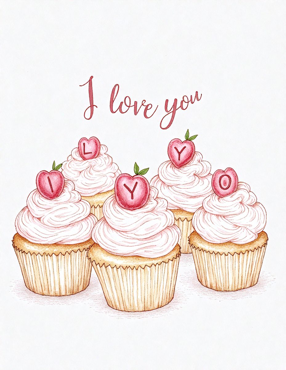The image features a delightful display of cupcakes with pink frosting and hearts on top. There are four cupcakes in total, arranged in a visually appealing manner. The cupcakes are placed on a dining table, which serves as the background of the scene. The overall atmosphere of the image is cheerful and inviting, with the cupcakes being the main focus of the picture.
