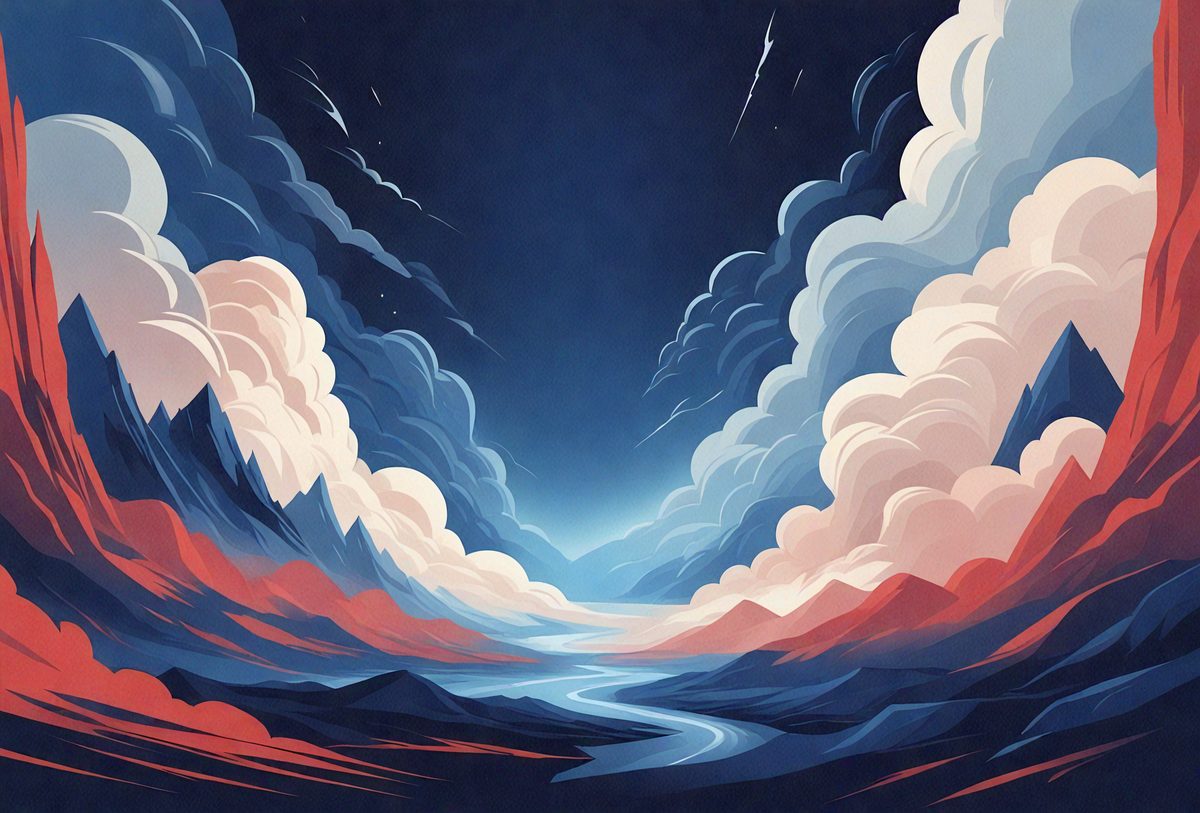The primary subject of the image is a beautifully illustrated scene of a river flowing through a mountainous landscape. The setting is a nighttime sky, which adds a sense of tranquility to the scene. The visual style is a combination of digital art and illustration, creating a vibrant and detailed image. The colors and mood of the image are predominantly blue and red, with the blue representing the river and the red representing the mountains. The overall atmosphere is serene and captivating.