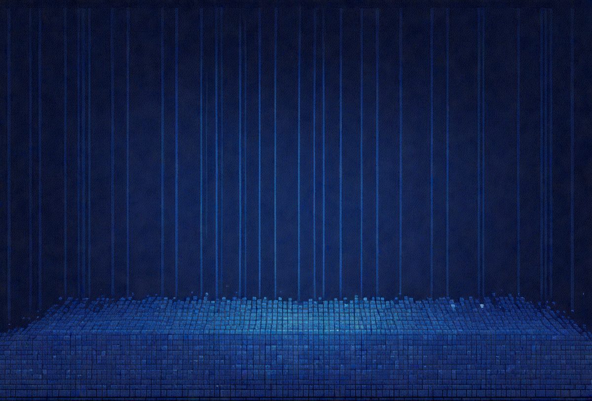 The primary subject of the image is a blue background with a pattern of blue squares. The setting is a dark room, and the visual style appears to be a digital art or illustration. The dominant colors are blue, and the overall atmosphere is calm and serene.