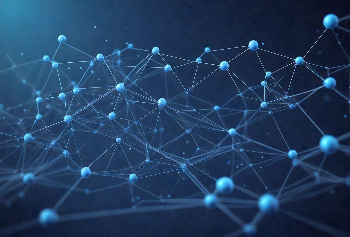 The primary subject of the image is a complex network of interconnected blue spheres. The setting is a dark background, which contrasts with the bright blue spheres. The visual style is a digital art or illustration, as the spheres are arranged in a visually appealing manner. The colors and mood of the image are predominantly blue, creating a sense of calmness and order.
