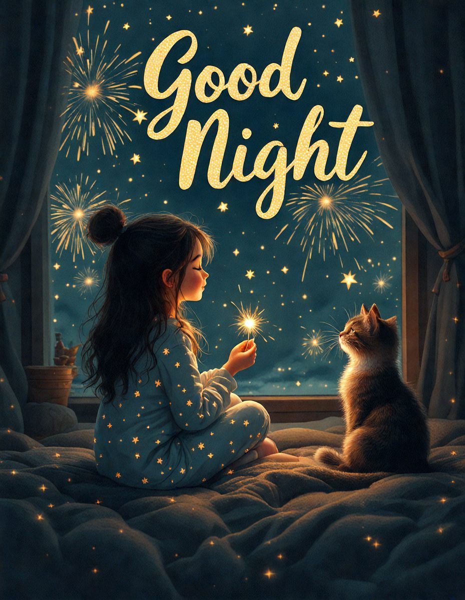 The primary subject of the image is a young girl sitting on a bed, holding a sparkler. The setting is a bedroom with a window, and the visual style is a digital art illustration. The colors and mood of the image are warm and cozy, with the girl and the cat creating a sense of comfort and companionship.