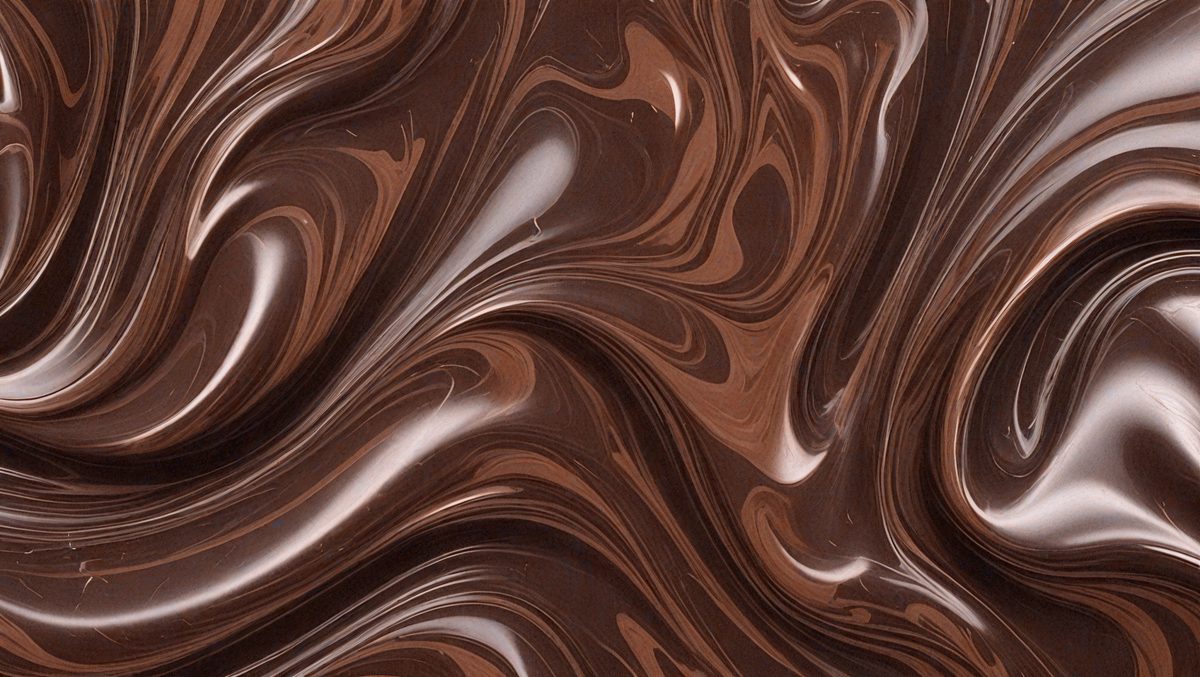 The primary subject of the image is a close-up of a chocolate-colored surface, possibly a piece of chocolate cake or a chocolate-themed wallpaper. The setting is a kitchen or a dining area, as the chocolate surface is placed on a dining table. The visual style is a close-up of the chocolate surface, which gives a sense of texture and depth to the image. The colors and mood of the image are predominantly brown and rich, creating