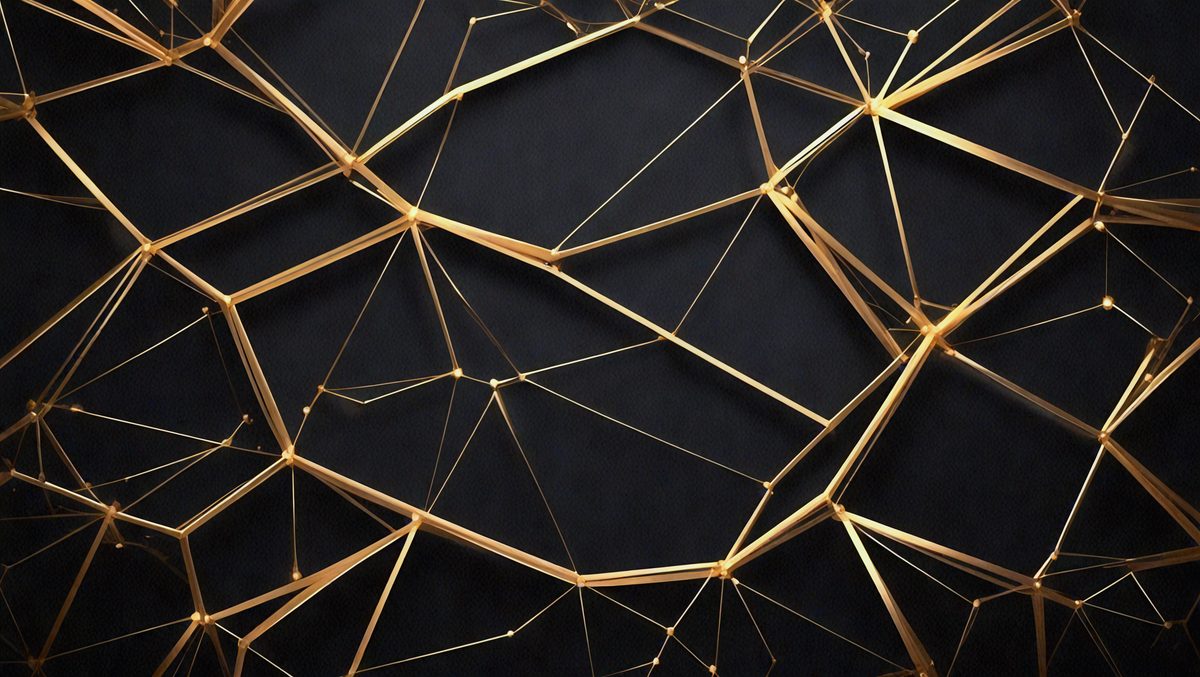 The primary subject of the image is a pattern of gold lines on a black background. The setting is a dark background, which contrasts with the gold lines. The visual style is a combination of digital art and illustration, creating a unique and intricate design. The colors and mood of the image are predominantly black and gold, giving it a sophisticated and elegant appearance.