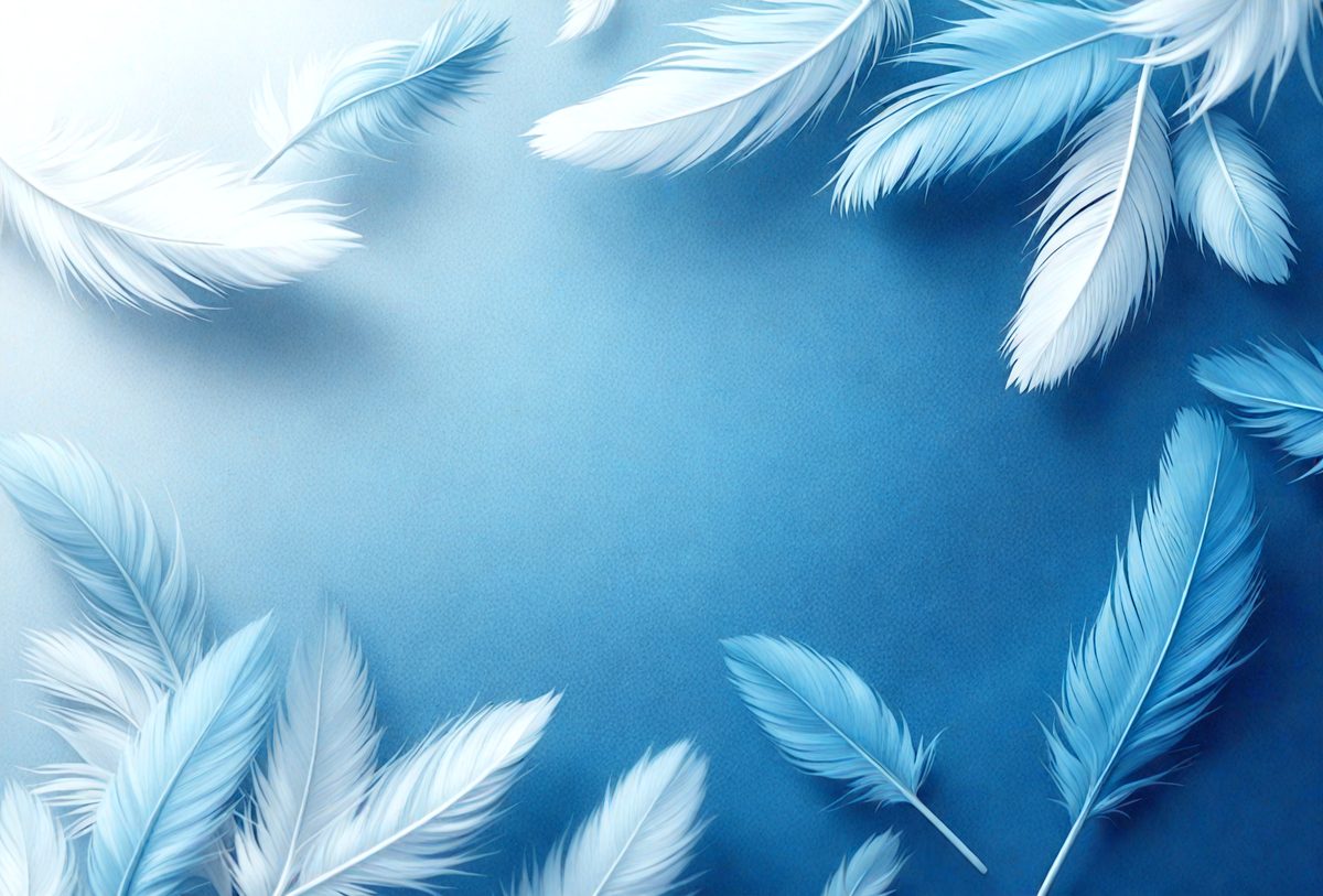 The primary subject of the image is a close-up of a blue background with a pattern of white feathers. The visual style appears to be a digital art or illustration, as the feathers are depicted in a detailed and intricate manner. The colors and mood of the image are predominantly blue and white, creating a serene and calming atmosphere.