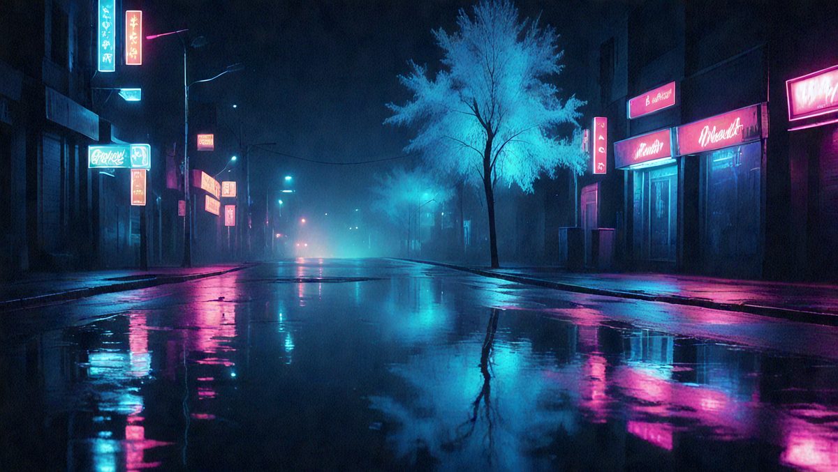 The primary subject of the image is a tree with blue leaves, located on a street at night. The setting is a city street with a store visible in the background. The visual style is a digital art or illustration, creating a surreal and moody atmosphere. The dominant colors are blue and purple, with the blue leaves of the tree and the purple lighting of the night scene.