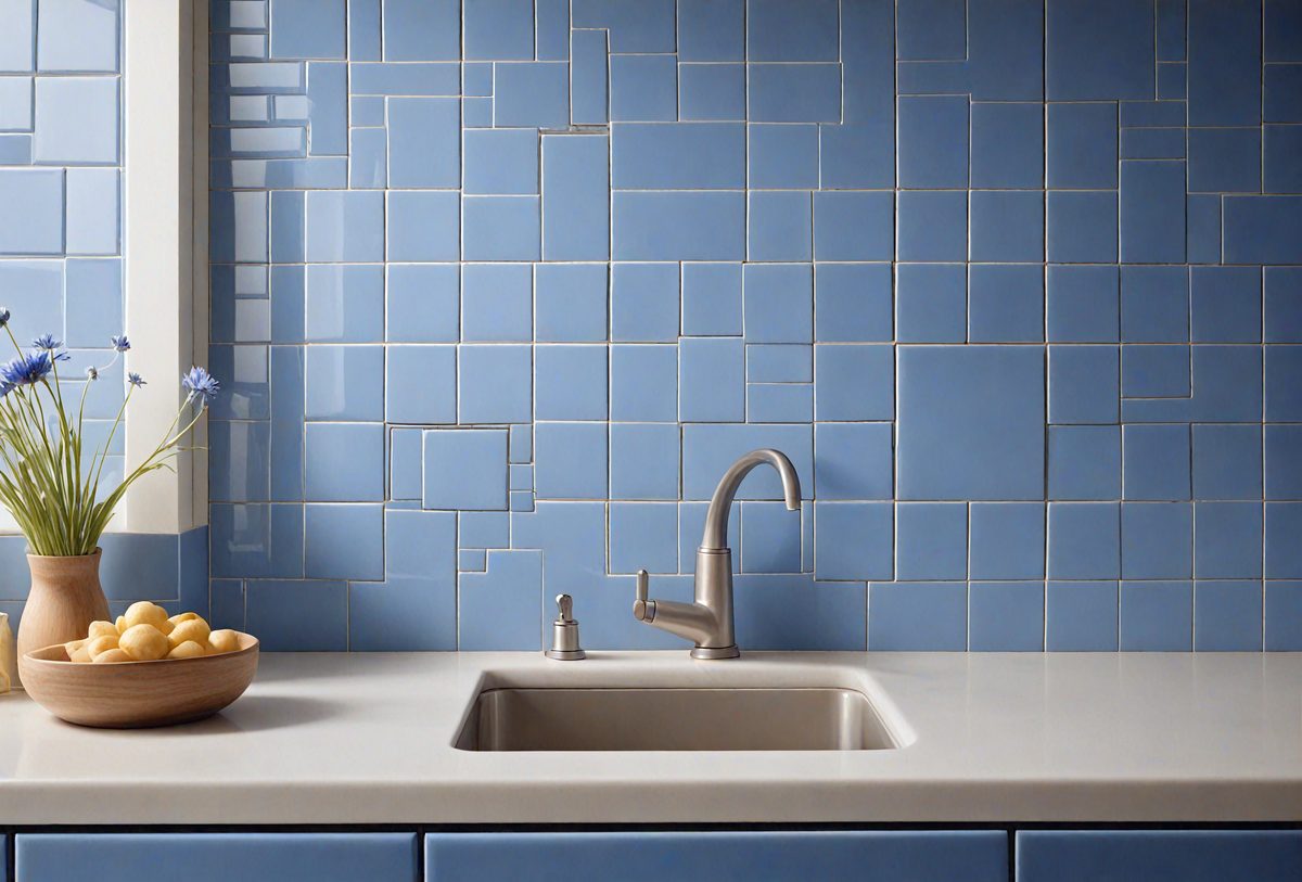 The primary subject of the image is a white sink with a silver faucet, located in a kitchen. The sink is situated under a blue tile wall, which adds a vibrant touch to the space. The setting is a kitchen, and the visual style appears to be a photo. The dominant colors in the image are white and blue, creating a clean and fresh atmosphere.
