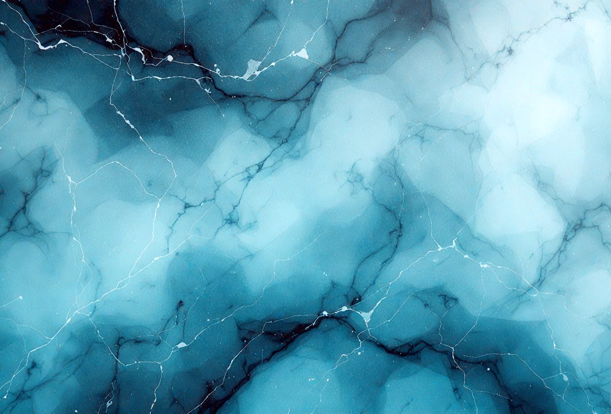 The primary subject of the image is a blue marble-like surface with a pattern of white lines. The setting is a blue background, which creates a striking contrast with the blue marble. The visual style is a close-up of the marble, showcasing its unique texture and pattern. The colors and mood of the image are predominantly blue, giving it a calm and serene atmosphere.