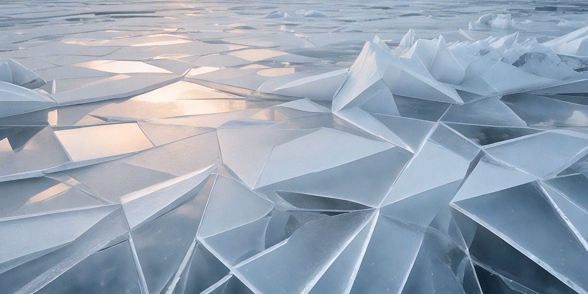 The primary subject of the image is a large, frozen body of water with a white, icy surface. The setting is a frozen lake, and the visual style is a combination of photo and digital art. The colors and mood of the image are predominantly white and cold, creating a sense of stillness and tranquility.