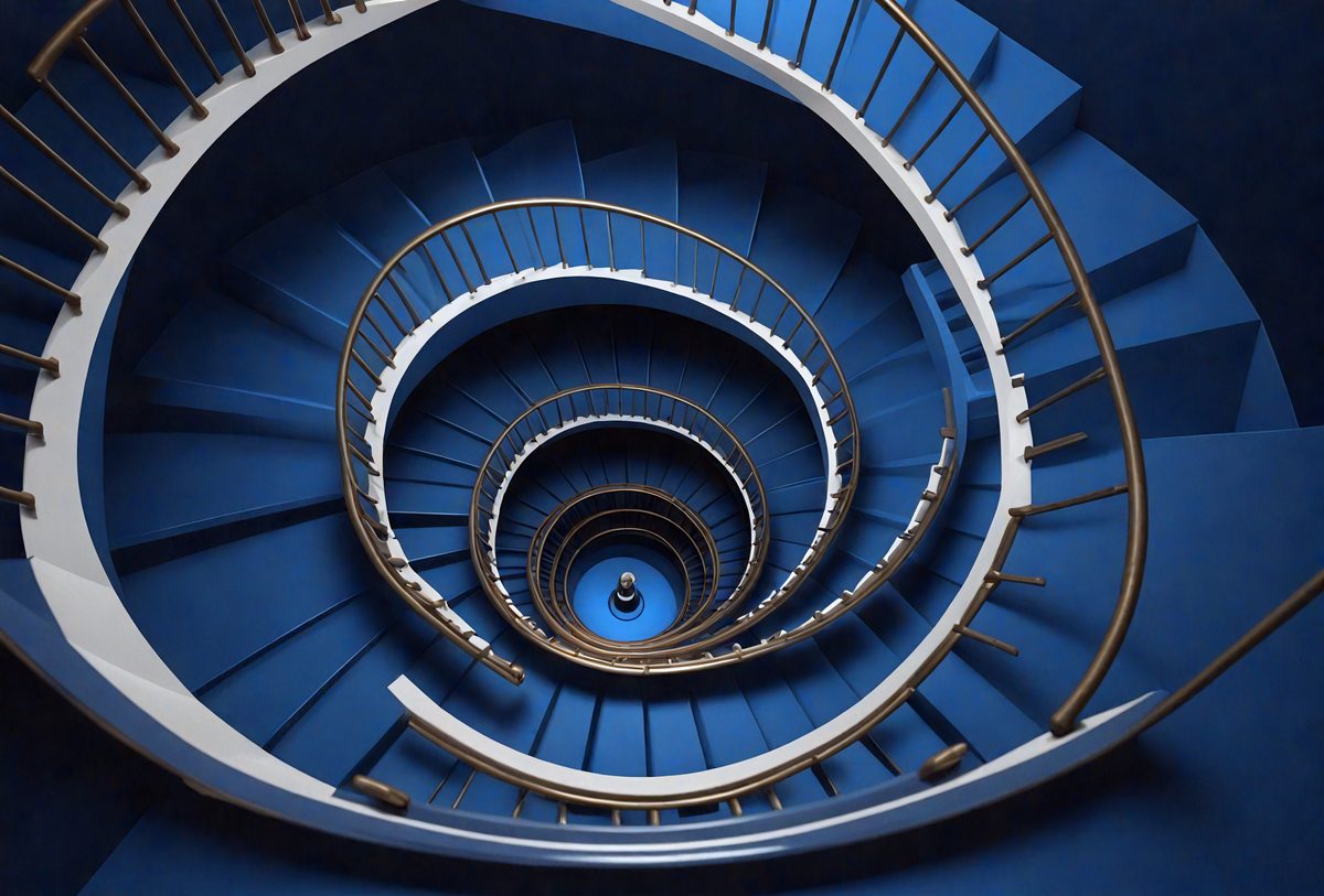 The primary subject of the image is a spiral staircase with a blue color scheme. The staircase is made of metal and has a circular shape. The setting is a stairwell, and the visual style is a close-up of the staircase. The colors and mood of the image are predominantly blue, giving it a calm and serene atmosphere.
