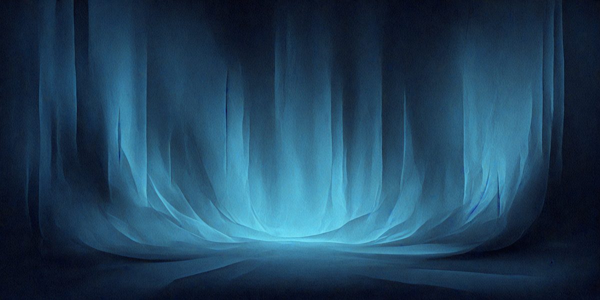 The primary subject of the image is a blue curtain or fabric, which is the main object, scene, or focus of the image. The setting or background is a dark room, and the visual style appears to be a digital art or illustration. The dominant colors in the image are blue and black, creating a moody and dramatic atmosphere.