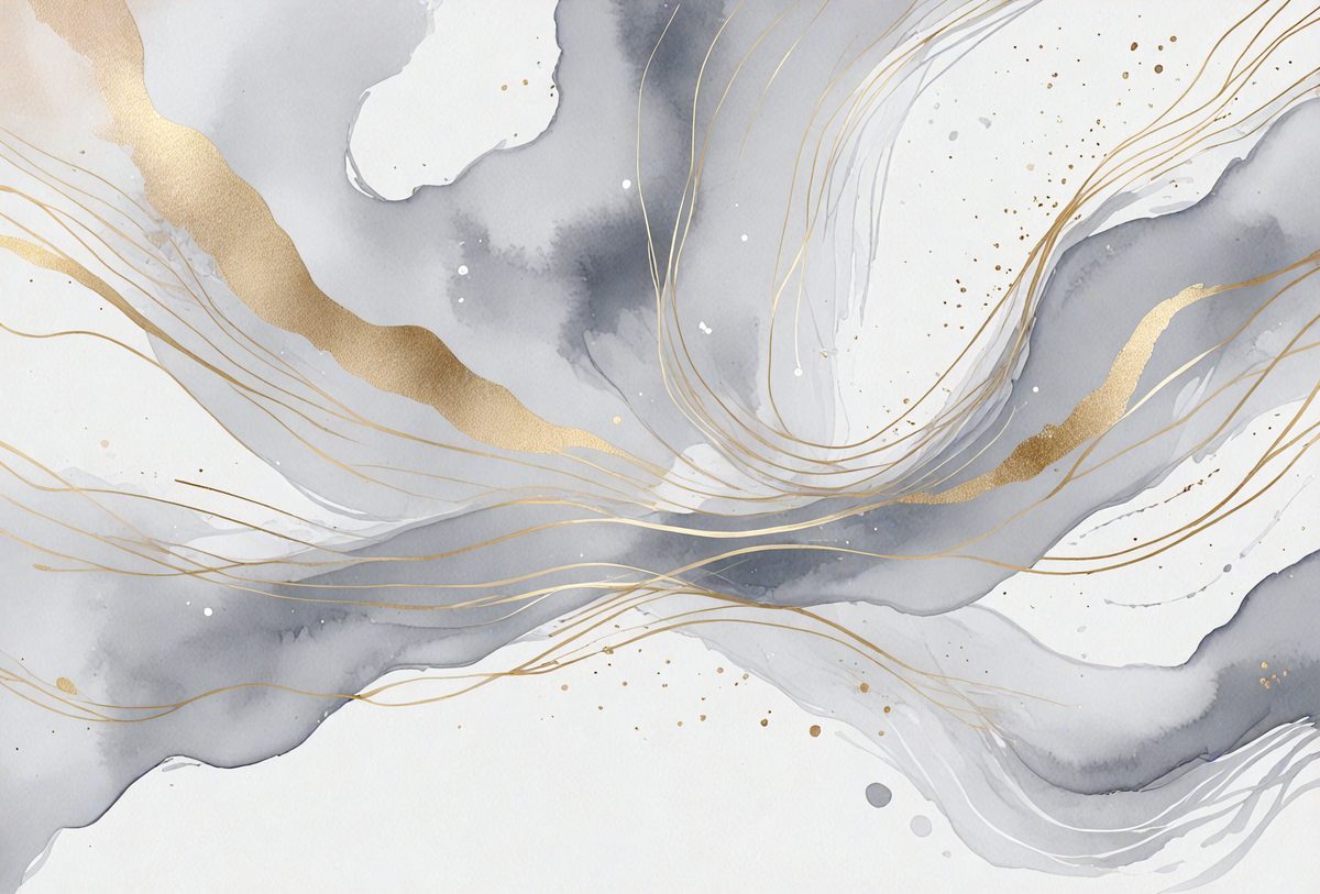 The primary subject of the image is a painting of a flowing waterfall. The setting is a white background, and the visual style is a combination of digital art and illustration. The painting features a variety of colors, including gold, gray, and white, creating a sense of depth and movement. The overall atmosphere of the painting is serene and captivating.