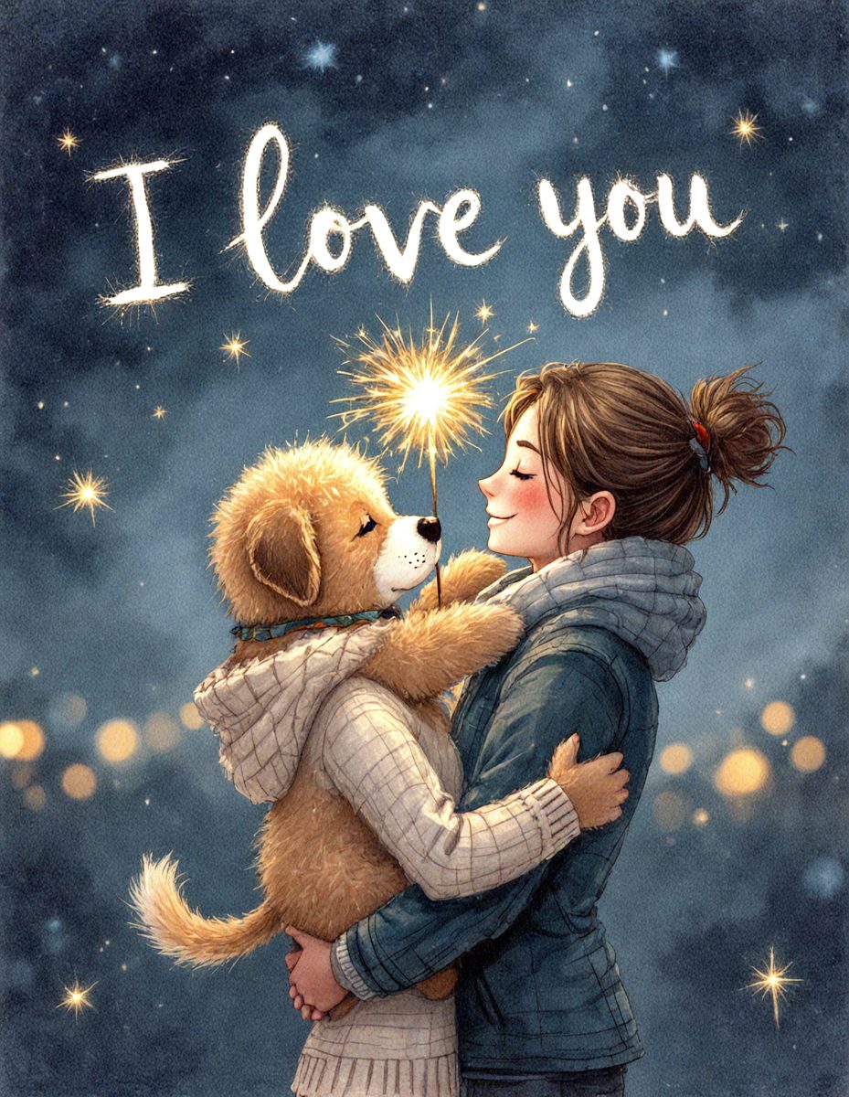 The primary subject of the image is a woman holding a small dog. The woman is wearing a blue jacket, and the dog is wearing a sweater. The setting is a nighttime scene with a starry sky in the background. The visual style is a digital art illustration, and the colors and mood are warm and cozy.