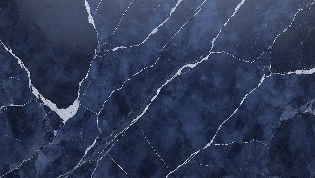 The primary subject of the image is a blue marble wall with white veins. The setting is a room with a blue marble floor. The visual style is a close-up of the marble wall, showcasing its unique texture and design. The colors and mood of the image are predominantly blue, creating a calm and serene atmosphere.