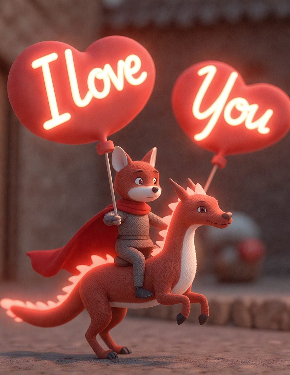 The primary subject of the image is a cartoon fox riding a red dragon. The setting is a stone wall, and the visual style is digital art. The dominant colors are red and orange, creating a warm and vibrant atmosphere.