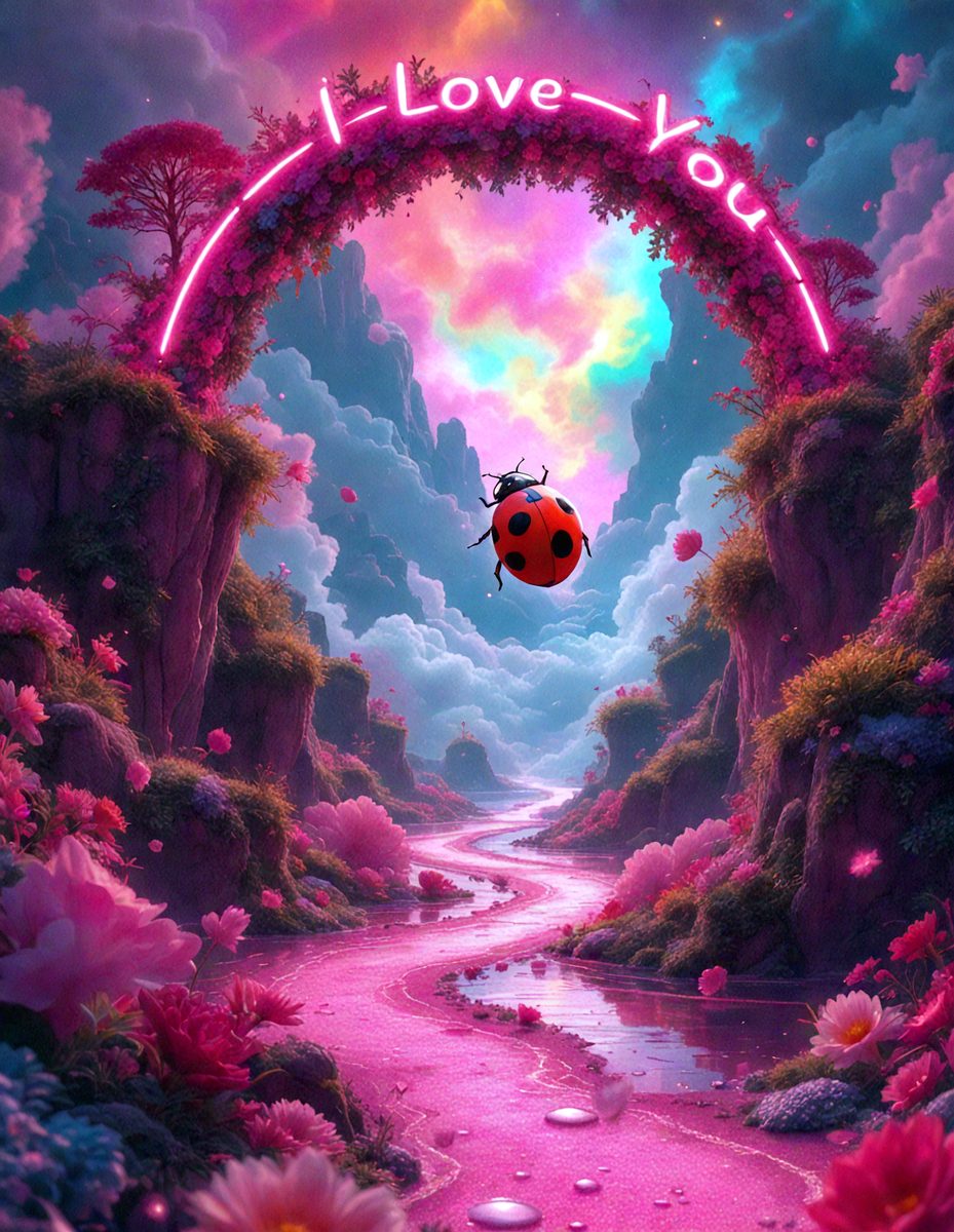 The primary subject of the image is a ladybug, which is flying through a pink and purple landscape. The setting includes a pink river, a purple mountain, and a pink and purple sky. The visual style of the image is digital art, with the ladybug and its surroundings depicted in a vibrant and colorful manner. The colors and mood of the image are predominantly pink and purple, creating a whimsical and dreamy atmosphere.