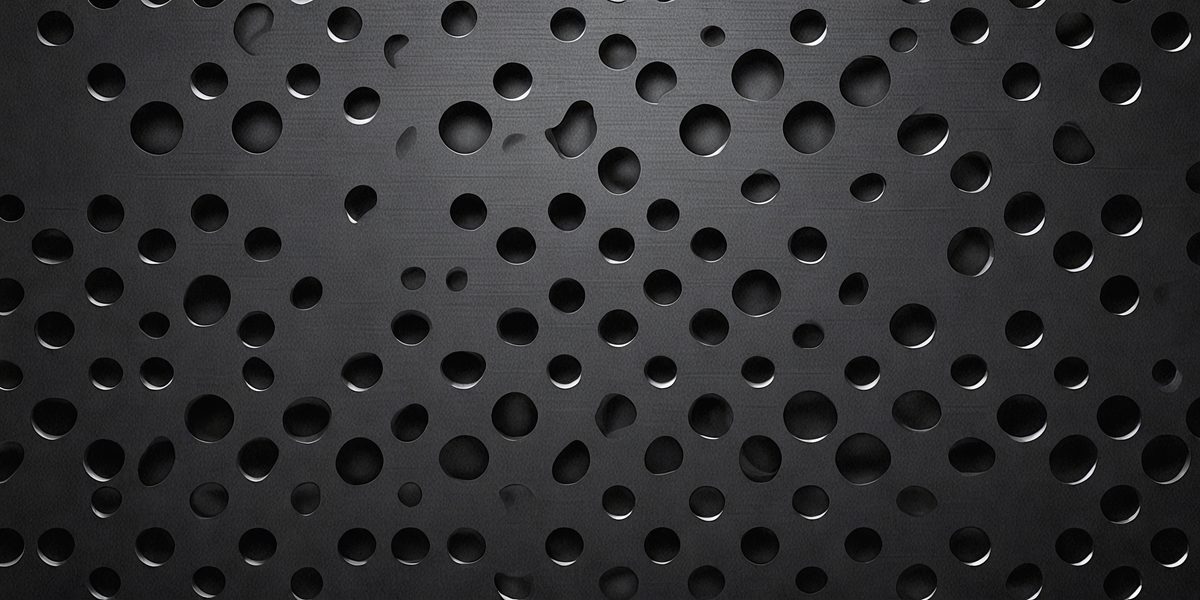 The primary subject of the image is a black surface with numerous holes in it. The setting appears to be a dark room, and the visual style is a close-up of the black surface. The dominant colors are black and white, and the overall atmosphere is mysterious and intriguing.