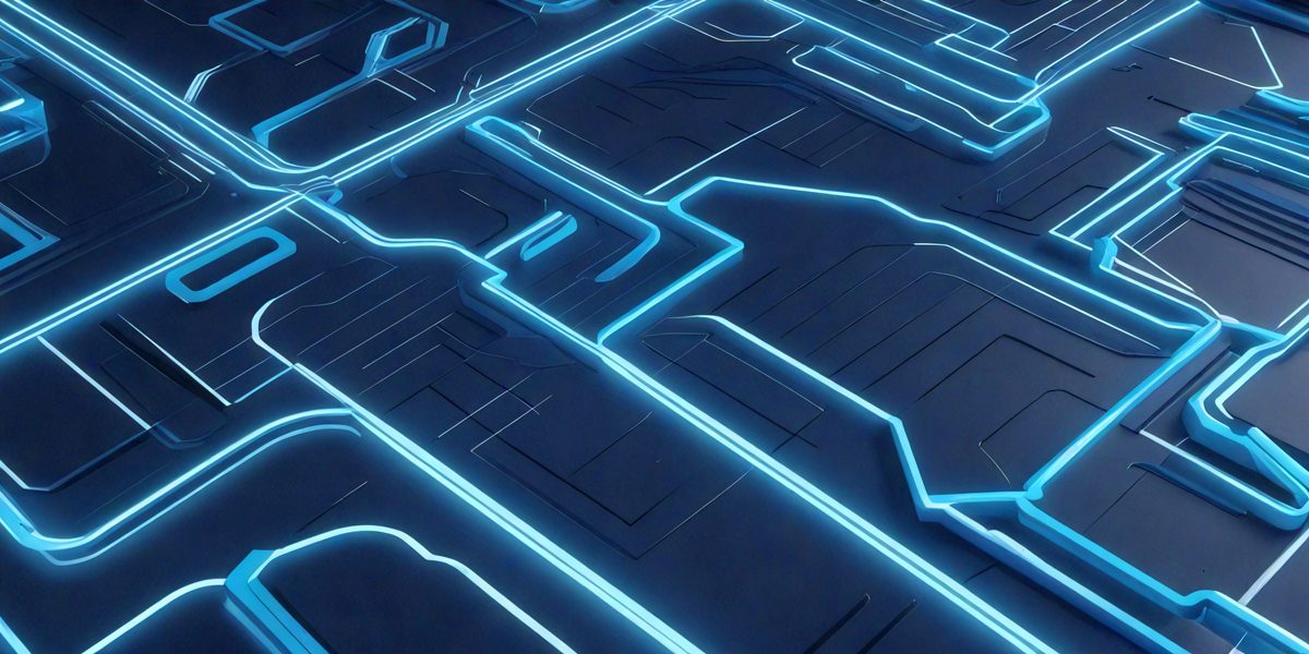 The primary subject of the image is a blue, neon-like map or floor design. The setting is a blue surface, possibly a wall or floor, with the map or design covering a significant portion of it. The visual style appears to be a combination of digital art and illustration, creating a unique and eye-catching pattern. The colors and mood of the image are predominantly blue, with a futuristic and modern vibe.