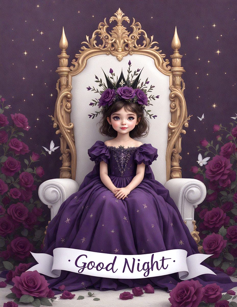 The primary subject of the image is a doll sitting on a chair. The setting is a purple and white room with a chair and a couch. The visual style is digital art, and the colors and mood are predominantly purple and white, creating a calm and serene atmosphere.