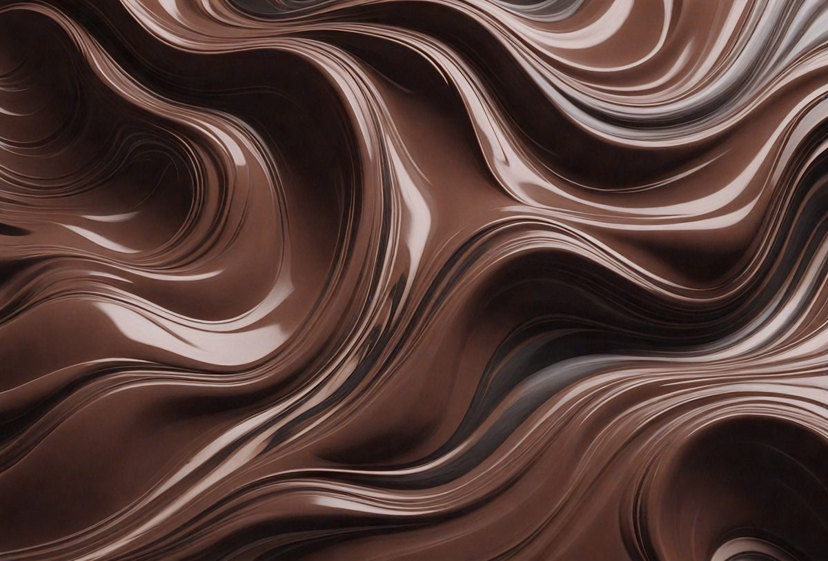 The primary subject of the image is a close-up of a chocolate-covered cake. The cake is decorated with swirls and patterns, giving it an artistic and visually appealing appearance. The setting is a kitchen, with the cake placed on a table. The visual style of the image is a close-up, which emphasizes the details of the cake's decoration. The colors and mood of the image are predominantly brown and rich, evoking a sense of indulgence