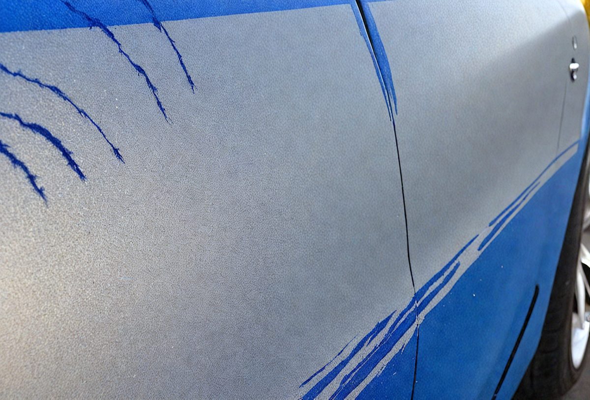 The primary subject of the image is a car with a blue paint job. The car has a blue stripe on the side, and there is a blue paint smudge on the back of the car. The setting is outdoors, and the visual style appears to be a photo. The colors and mood of the image are predominantly blue, giving it a calm and serene atmosphere.