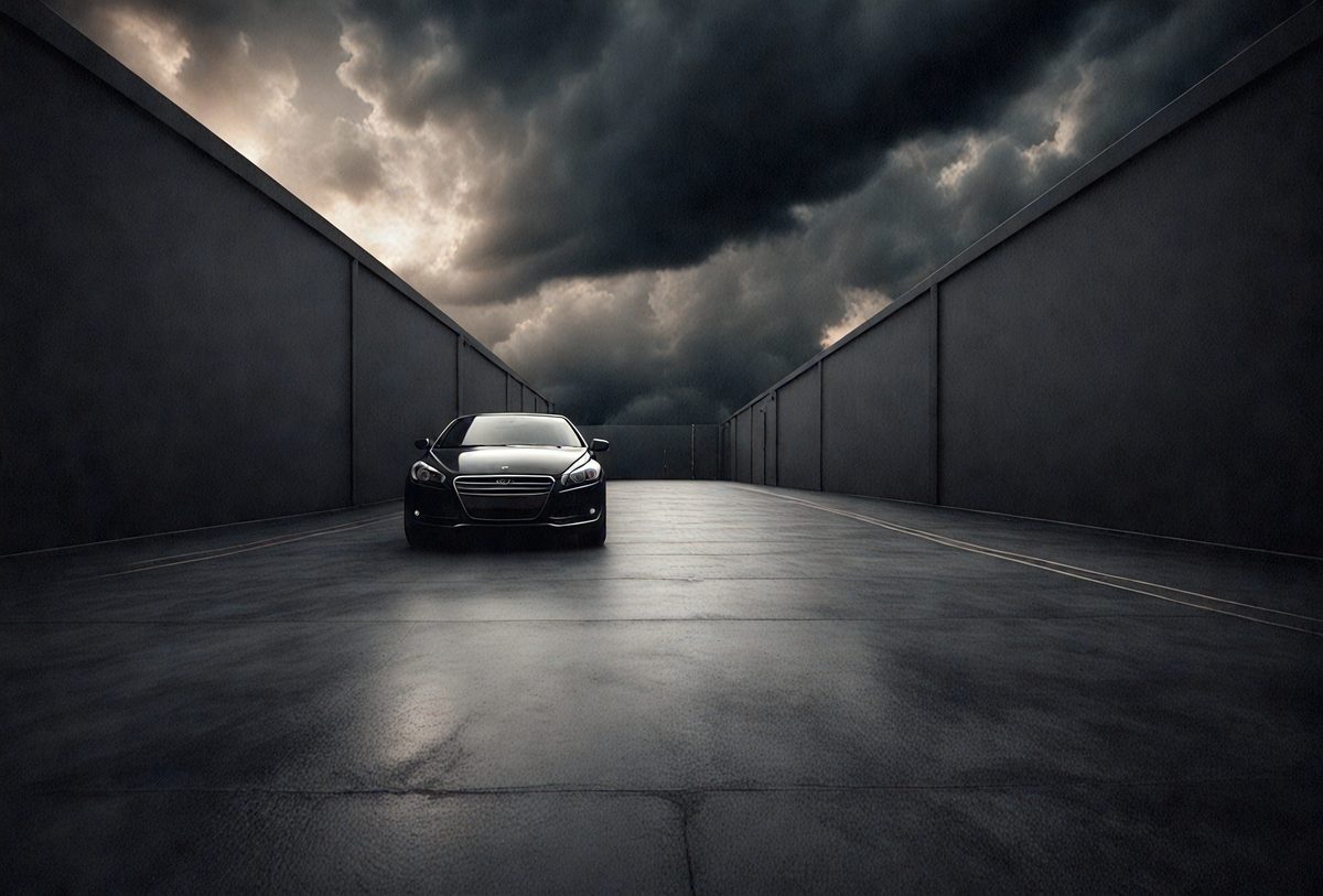 The primary subject of the image is a car parked on a cement surface. The car is positioned in the middle of the scene, and it appears to be the main focus of the image. The setting is a parking lot, and the visual style is a photo. The colors in the image are predominantly dark, with the car being the main source of light. The overall atmosphere of the image is somewhat moody and dramatic.