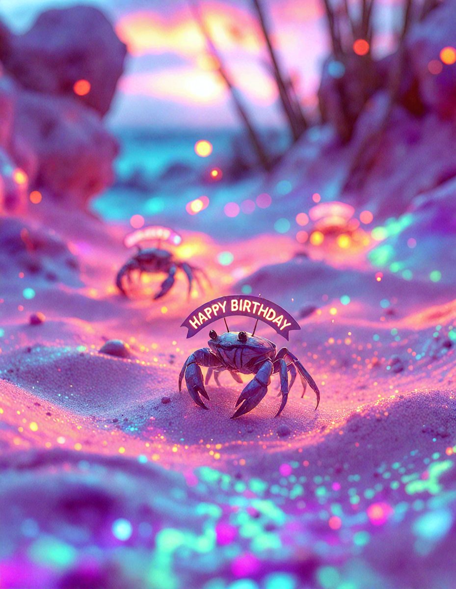The primary subject of the image is a crab, which is sitting on a sandy beach. The setting is a beach with sand and a rocky surface. The visual style is a digital art or illustration, creating a vibrant and colorful atmosphere. The dominant colors are purple, pink, and blue, giving the scene a happy and celebratory mood.