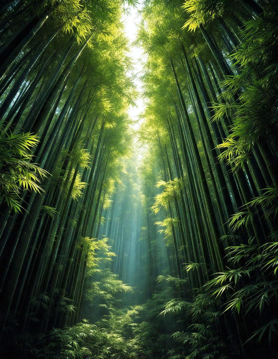 The primary subject of the image is a forest filled with tall, slender bamboo trees. The setting is a lush, green environment, with the sunlight shining through the trees, creating a serene and peaceful atmosphere. The visual style of the image is a photo, capturing the beauty of the bamboo forest. The colors and mood of the image are predominantly green, with the sunlight adding a touch of warmth and brightness to the scene.