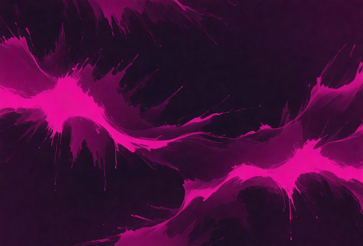 The primary subject of the image is a purple background with a splash of pink paint. The setting appears to be a dark room, possibly a nightclub or a darkened theater. The visual style of the image is a combination of digital art and illustration, creating a unique and artistic atmosphere. The dominant colors in the image are purple and pink, giving the scene a vibrant and energetic mood.