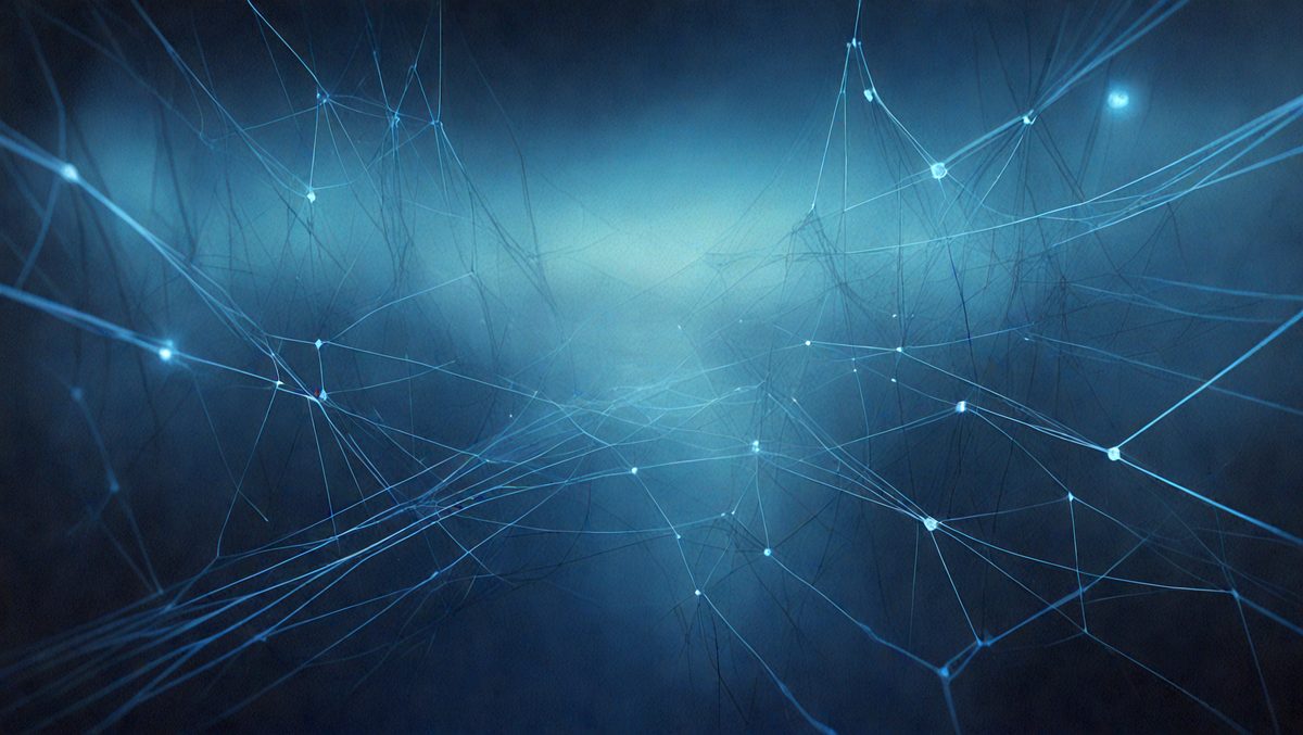 The primary subject of the image is a blue background with a pattern of interconnected lines. The setting appears to be a dark, possibly futuristic environment. The visual style of the image is a combination of digital art and illustration, creating a unique and intricate pattern. The dominant colors in the image are blue and black, giving it a moody and mysterious atmosphere.