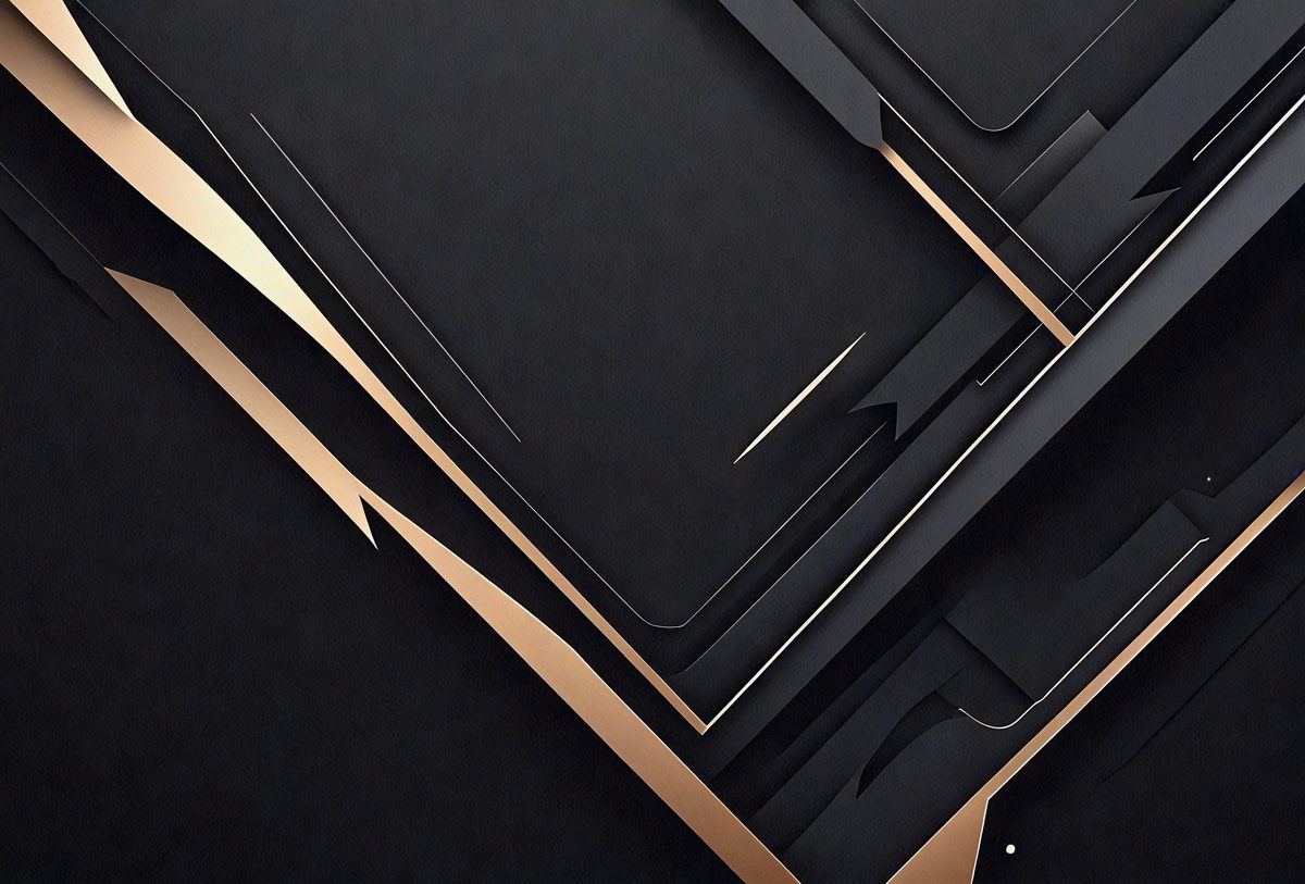 The primary subject of the image is a black and gold geometric pattern. The setting is a black background, and the visual style appears to be a digital art or illustration. The dominant colors are black and gold, creating a sophisticated and elegant atmosphere.