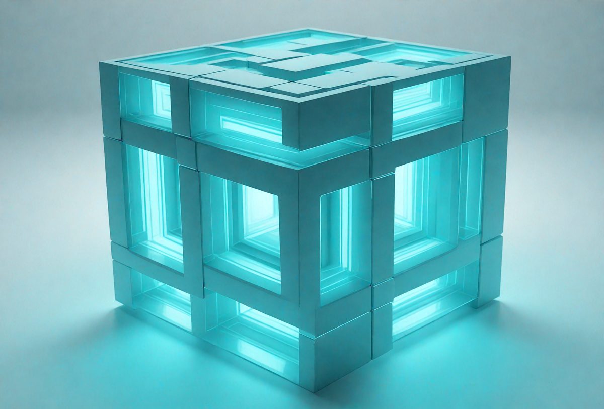 The primary subject of the image is a large, blue, three-dimensional structure, possibly a sculpture or a model of a building. The setting is a white background, which provides a clean and uncluttered environment for the subject. The visual style of the image is a combination of photo and digital art, as it appears to be a photograph of a digital artwork. The dominant colors in the image are blue and white, creating a sense of depth and contrast.