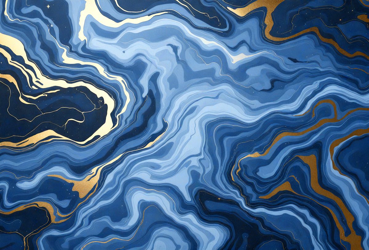 The primary subject of the image is a blue and gold swirling pattern, which appears to be a painting or a digital artwork. The setting is a blue and gold background, which complements the swirling pattern. The visual style is a mix of digital art and painting, creating a unique and eye-catching design. The colors and mood of the image are predominantly blue and gold, giving it a warm and vibrant atmosphere.