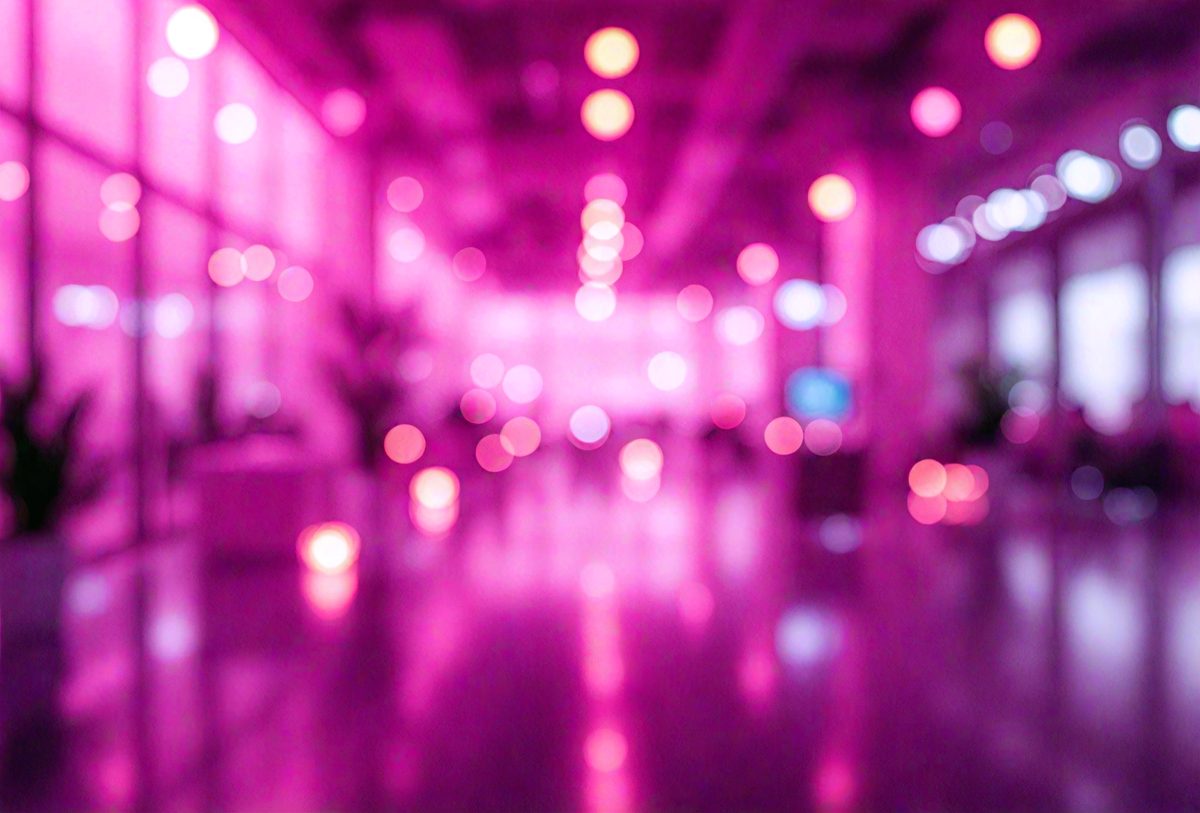 The primary subject of the image is a large, brightly lit room with a pinkish hue. The setting is a hallway with a row of lights on the ceiling, creating a warm and inviting atmosphere. The visual style is a combination of a photo and digital art, giving the image a unique and artistic appearance. The dominant colors are pink and purple, with the pinkish hue creating a sense of warmth and comfort.
