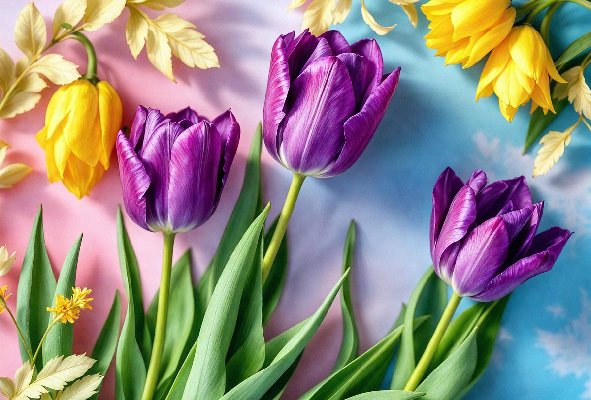 The primary subject of the image is a bouquet of purple and yellow tulips. The setting is a pink and blue background, which adds a vibrant and lively atmosphere to the scene. The visual style is a close-up of the flowers, showcasing their details and colors. The colors and mood of the image are predominantly warm and cheerful, with the purple and yellow tulips standing out against the pink and blue background.