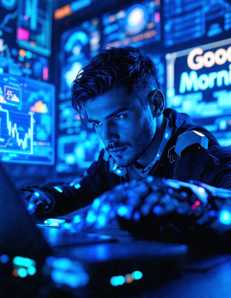 The primary subject of the image is a man sitting in front of a laptop computer. He is wearing a black jacket and appears to be working or browsing the internet. The setting is a room with a desk and a keyboard, and the visual style is a digital art or illustration. The colors in the image are predominantly blue, creating a calm and focused atmosphere.
