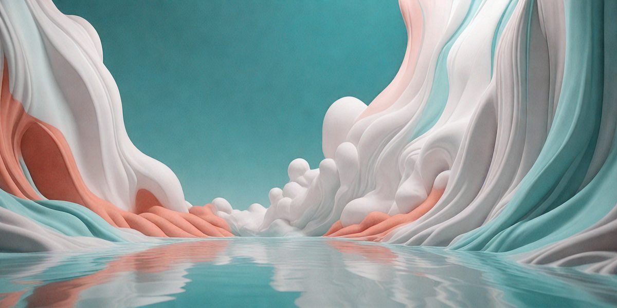 The primary subject of the image is a large, white, and pink sculpture of a person's hand. The sculpture is placed in a body of water, which serves as the setting for the scene. The visual style of the image is a combination of photo and digital art, creating a unique and artistic representation of the hand. The colors and mood of the image are predominantly pink and white, giving it a serene and calming atmosphere.