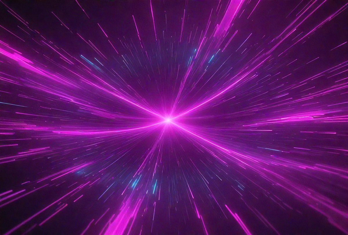 The primary subject of the image is a bright pink light, which appears to be a neon light or a lightning bolt. The light is surrounded by a purple background, creating a visually striking scene. The visual style of the image is a combination of a photo and digital art, as it captures the vibrant colors and dynamic lighting. The colors and mood of the image are predominantly pink and purple, giving it a lively and energetic atmosphere.