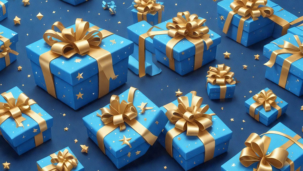 The primary subject of the image is a collection of blue and gold wrapped presents. The presents are arranged in various positions, creating a visually appealing scene. The setting is a blue background, which complements the colors of the presents. The visual style is a combination of photo and digital art, as the presents are rendered in a realistic manner while the blue background adds a touch of digital artistry. The colors and mood of the image are predominantly blue and gold, creating a warm and festive atmosphere.