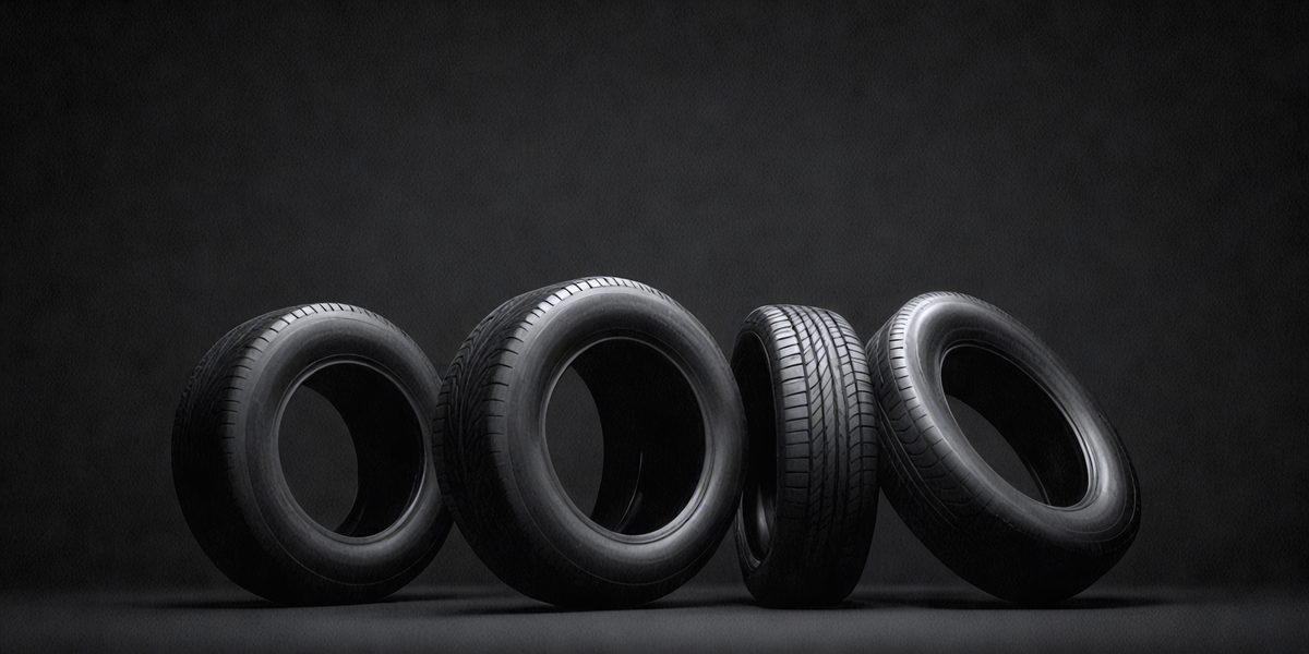 The primary subject of the image is a row of tires, which are the main objects in the scene. The tires are arranged in a visually appealing manner, with some tires overlapping each other. The setting is a black background, which provides a stark contrast to the tires. The visual style of the image is a combination of photo and digital art, creating a unique and eye-catching composition. The colors and mood of the image are predominantly black, giving it a sleek and modern appearance.